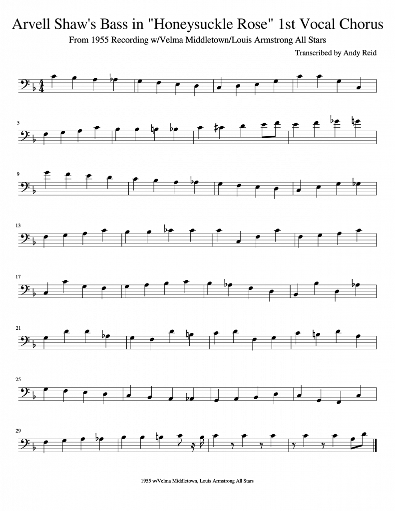 Arvell Shaw's Bass in Honeysuckle Rose transcription